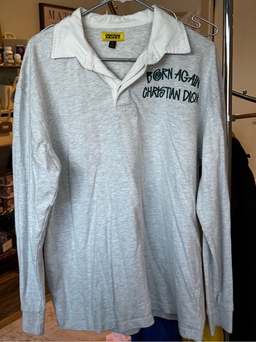 Chinatown Market Dior Born Again Long Sleeve Polo Shirt - Light Gray
